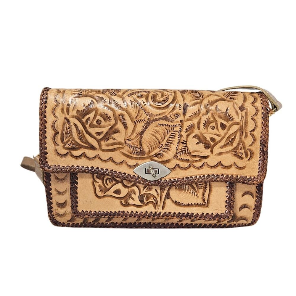 Vintage 60s Handmade Tooled Leather Bag Boho Western Brown Satchel Cowgirl